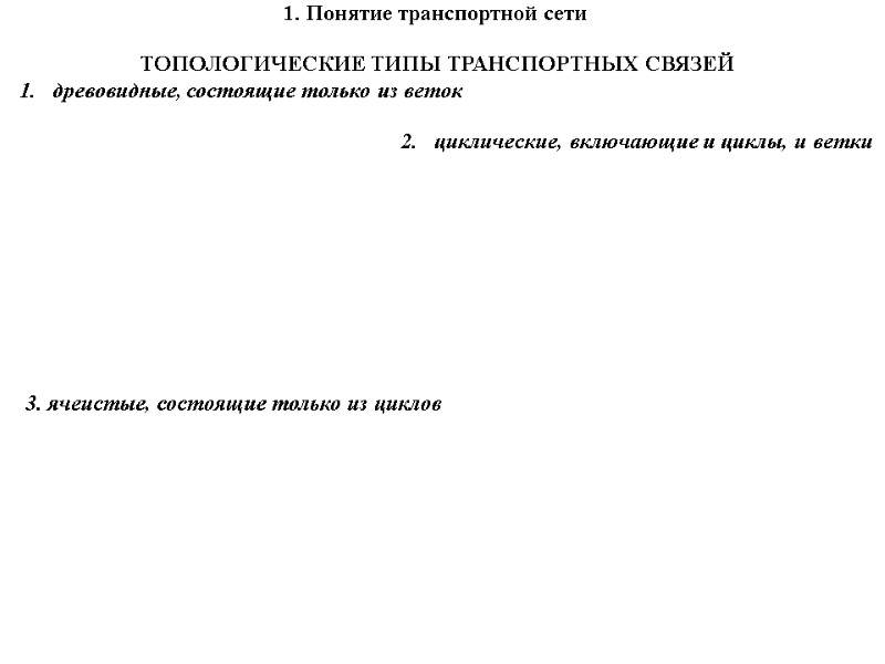 древовидные, состоящие только из веток ТОПОЛОГИЧЕСКИЕ ТИПЫ ТРАНСПОРТНЫХ СВЯЗЕЙ циклические, включающие и циклы, и